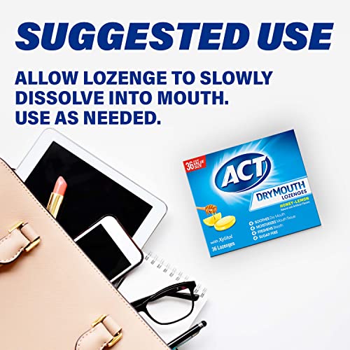 ACT Dry Mouth Lozenges Sugar Free Honey-Lemon Pack of 3 (36 Count Each)
