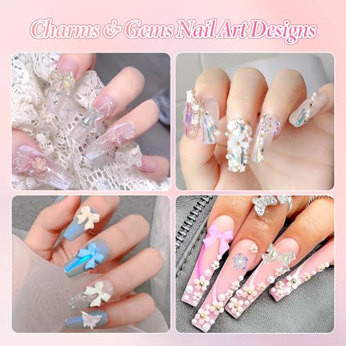 CESUSME 3 Boxes Bow Flower Nail Charms - 3D Color Flower & Bow Nail Art Decorations, S1