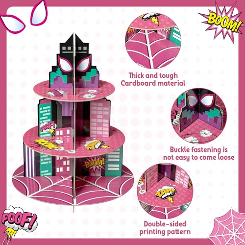Pink Spider Cupcake Stand - 3 Tier Cardboard Dessert Holder for Parties