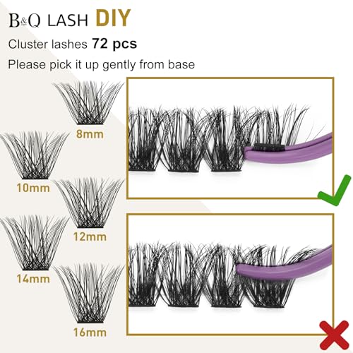 B&Qaugen 14mm D Curl Lash Clusters - 72 DIY Eyelash Extensions