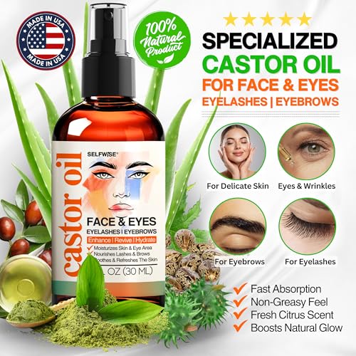 SELFWISE Organic Castor Oil for Face, Eyelash & Eyebrow Growth, Bergamot 1oz