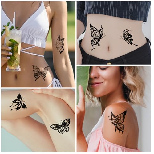8 Black Butterfly Temporary Tattoos - Waterproof & Realistic Design