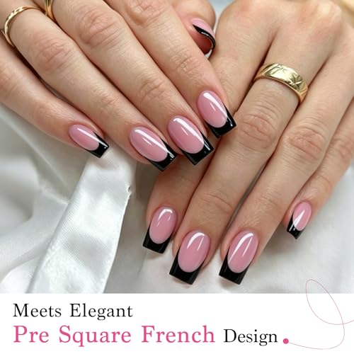 QIEK 150Pcs Deep Pink & Black French Tip Press-On Nails - Short Square