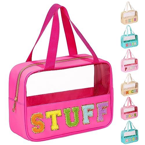 Eurovicky Vibrant Rosered Chenille Letter Patch Clear Makeup Bag - Spacious & Waterproof