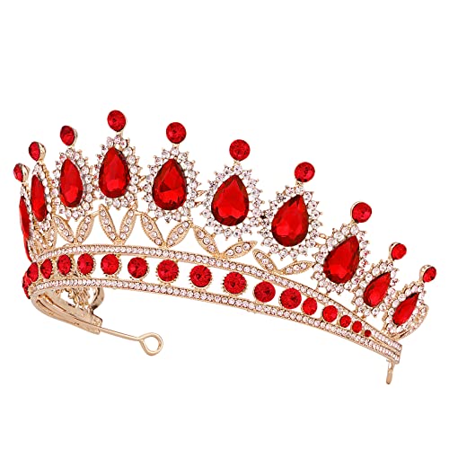 Vofler Gold-Red Queen of Hearts Costume Crown with Ruby Rhinestones for Adults Women Halloween Cosplay