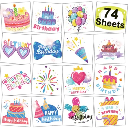 Glitter Happy Birthday Temporary Tattoos for Kids - 74 Sheets