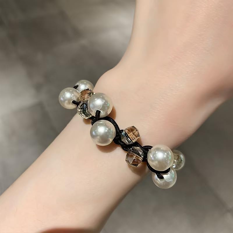 Chic Rhinestone & Faux Pearl Flower Hair Ties - 2pcs Set for Girls | Stylish Everyday & Vacation Accessory, Black