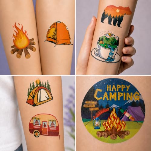 60 PCS Camping Temporary Tattoos for Kids - Pre-Cut Fun Stickers