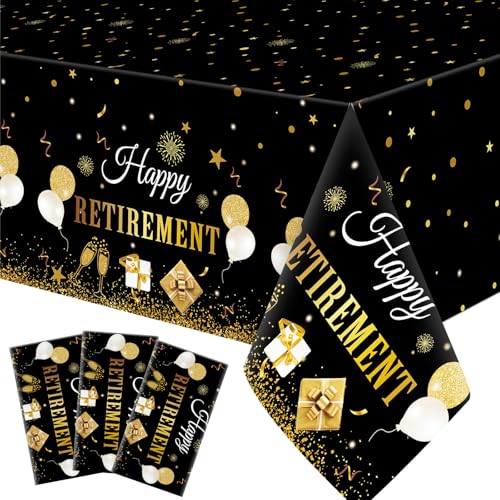 Ganeen Disposable Black Gold Retirement Tablecloths - 3 Pack, 54x108 Inch