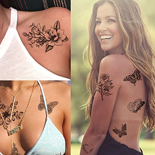 Tazimi Black Flower Butterfly Temporary Tattoos - 6 Sheets for Women & Girls