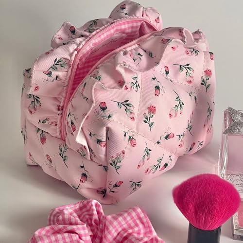 Pink Quilted Rose Makeup Bag Set of 2 - Travel Cosmetic Organizer for Women & Teens