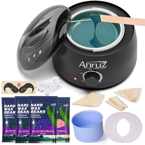 Anruz Waxing Kit for Women Men - Wax Kit for Hair Removal with Silicone Bowl,4 Bags Hard Waxing Beads and 40 Sticks - at Home Use Wax Warmer for Full Body, Bikini, Eyebrow, Face, Sensitive Skin