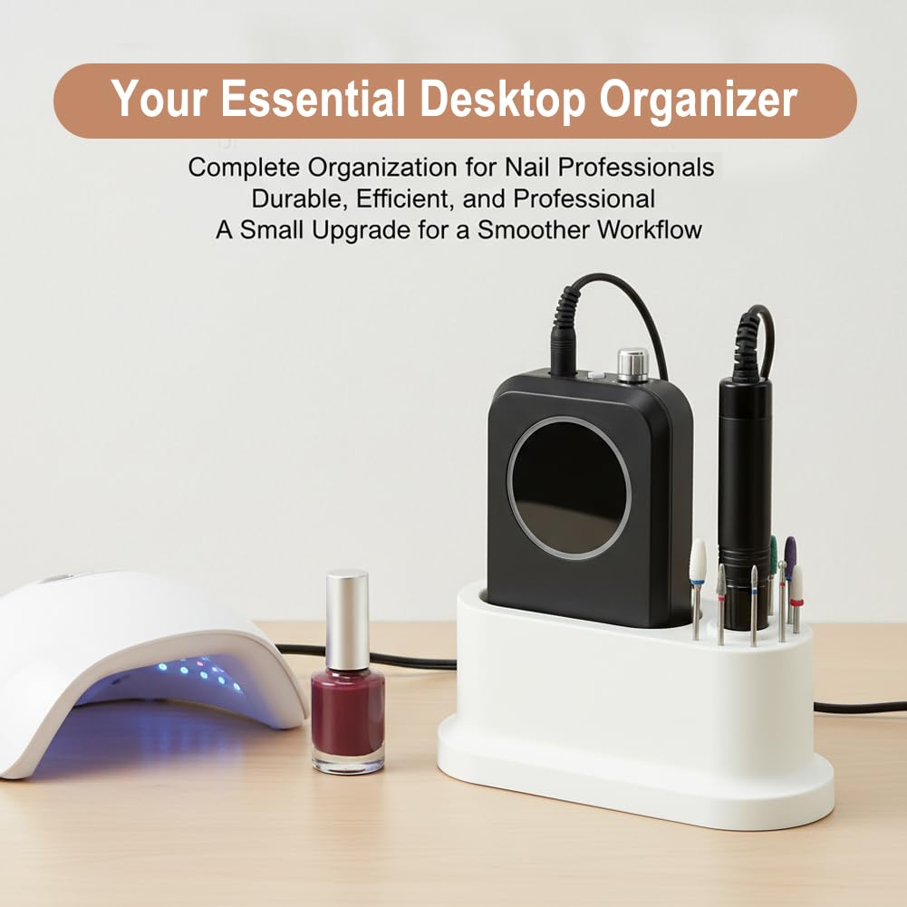 Nail Drill Stand & 8-Bit Organizer, Universal ABS Desktop Storage Holder for E-File Machines and Grinding Bits, Compact Case for Home Nail Techs & Professional Salons