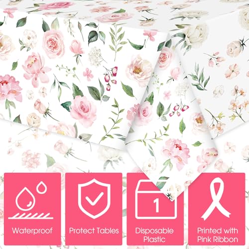 Ganeen 3 Pack Pink Floral Disposable Tablecloths, 54 x 108 Inch