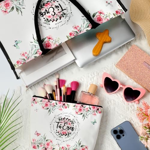 Inspirational Floral Bible Verse Tote & Makeup Bag Set for Women