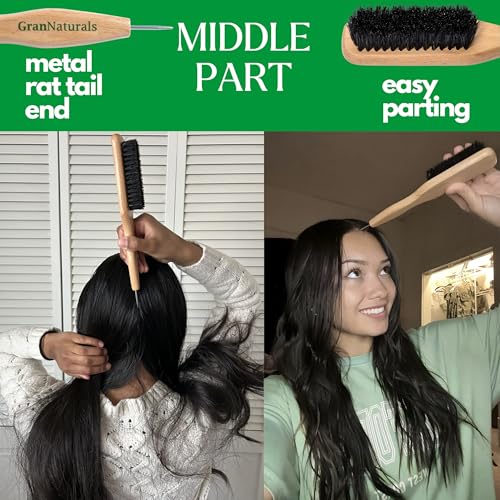 GranNaturals Boar Bristle Hair Brush with Metal Rat Tail for Parting & Styling