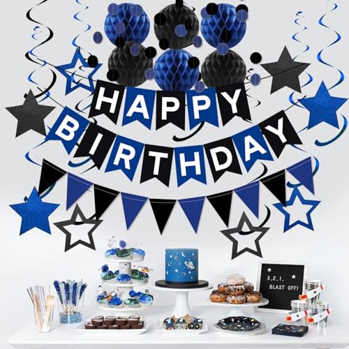 Black & Blue Birthday Decorations Kit - Happy Birthday Banner & Honeycomb Balls
