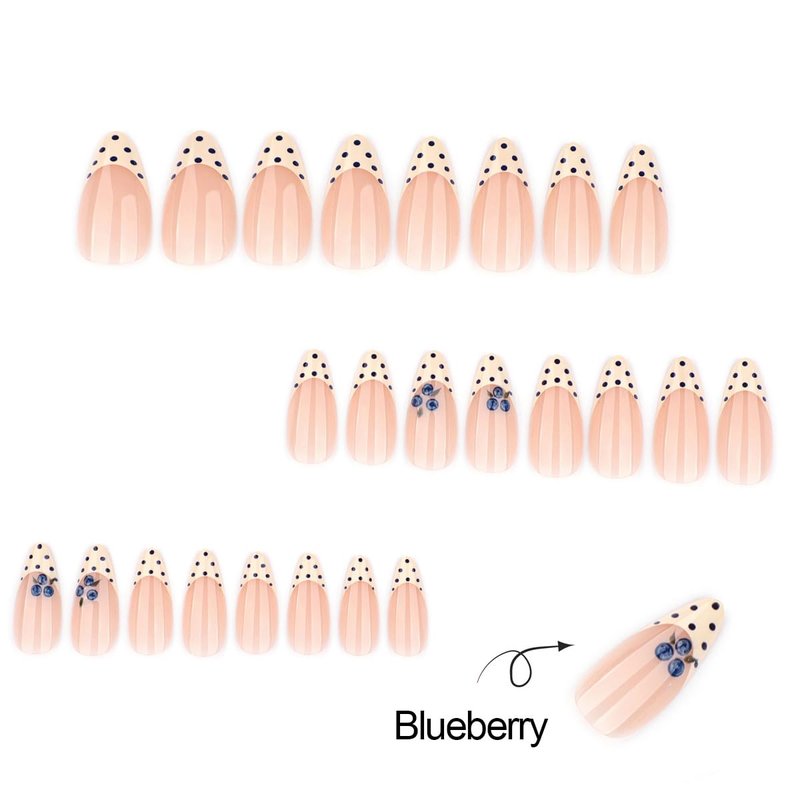 Almond Press on Nails Medium - Yellow French Tip Fake Nails with Polka Dots & Blueberry Design,Reusable Artificial Glue on Nails for Women Girls Spring Summer Manicure 24Pcs