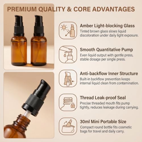 Bamboopack 30ml Amber Glass Refillable Lotion Bottles Set - Travel Size Containers