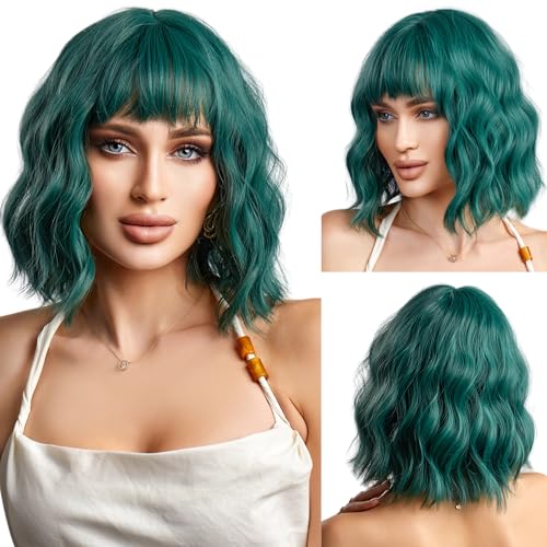 Green Short Curly Wig for Women - 12 Inch Bob with Bangs