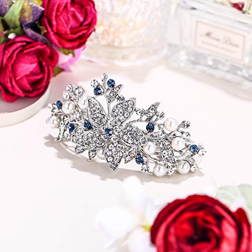 Ever Faith Blue Austrian Crystal Bridal Hair Clip Barrette with Simulated Pearls