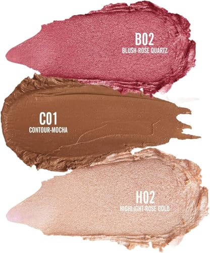 KIMUSE Quartz Rose Face Stick Trio - Blush, Highlighter & Contour for All Skin Tones (0.75 oz)