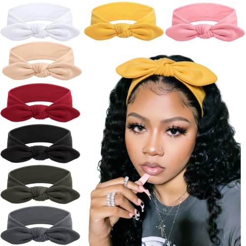 DRESHOW 8 Pack Women's Bow Knotted Rabbit Ears Headbands - Non-Slip Elastic Hair Wraps for Sport & Fashion