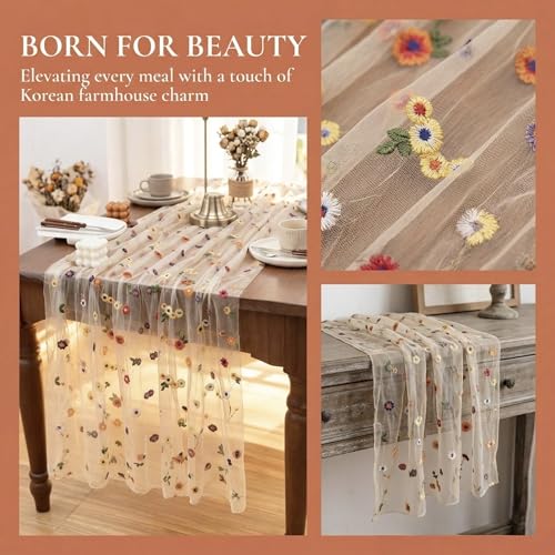 Champagne Floral Table Runner 30x120 Inch - Embroidered Daisy Tulle for Weddings & Parties