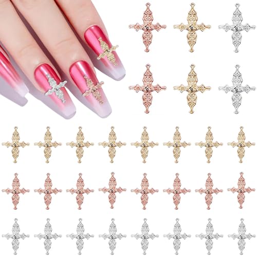 3D Cross Nail Charms Kit - 30pcs Metal Nail Art Decorations for DIY Manicure