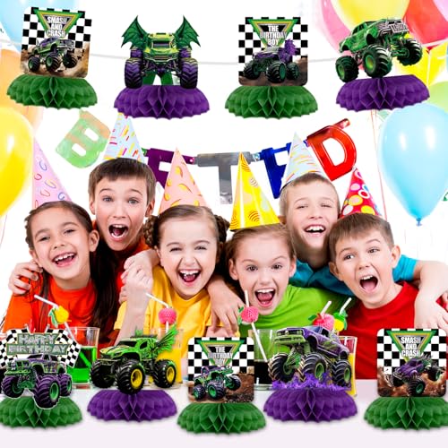 9Pcs Monster Truck Honeycomb Centerpieces for Birthday Parties