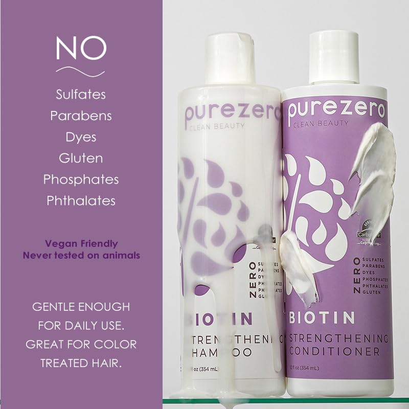 Purezero Biotin Shampoo & Conditioner Set 12 Fl Oz Pack of 2 - Volumizing, Sulfate-Free, Vegan Hair Care