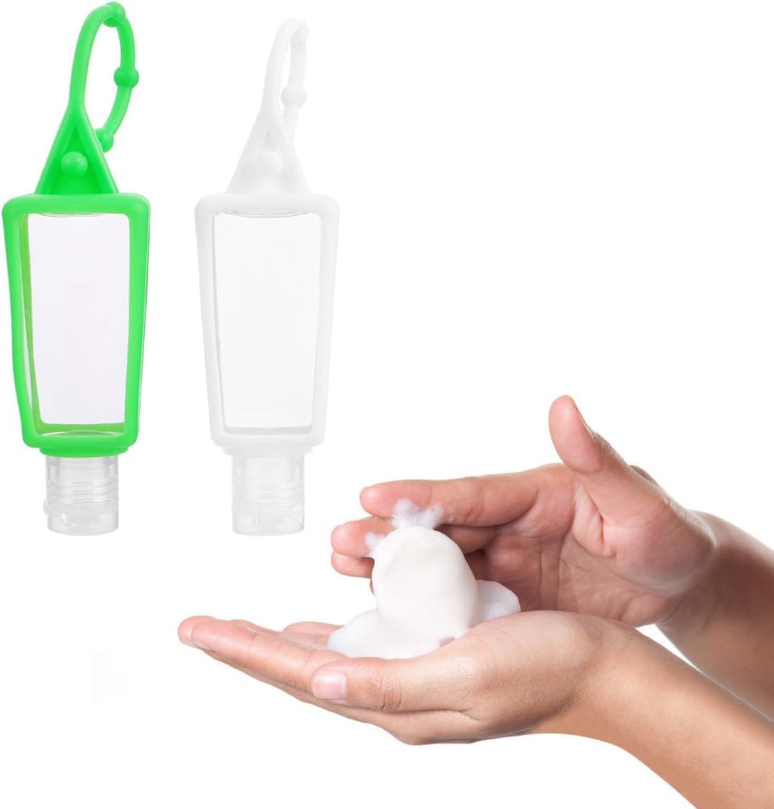 Travel Squeeze Bottles - 2pcs Leakproof Silicone Sleeve Containers for Hand Sanitizer | Refillable Clear Plastic, Keychain Design