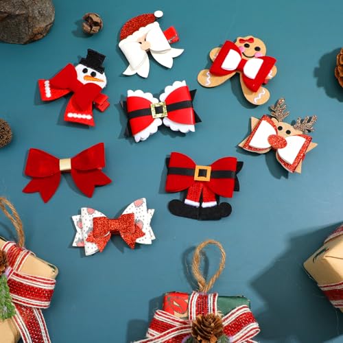 8 Pack Christmas Hair Clips with Festive Bows – Santa, Snowman & Reindeer Designs