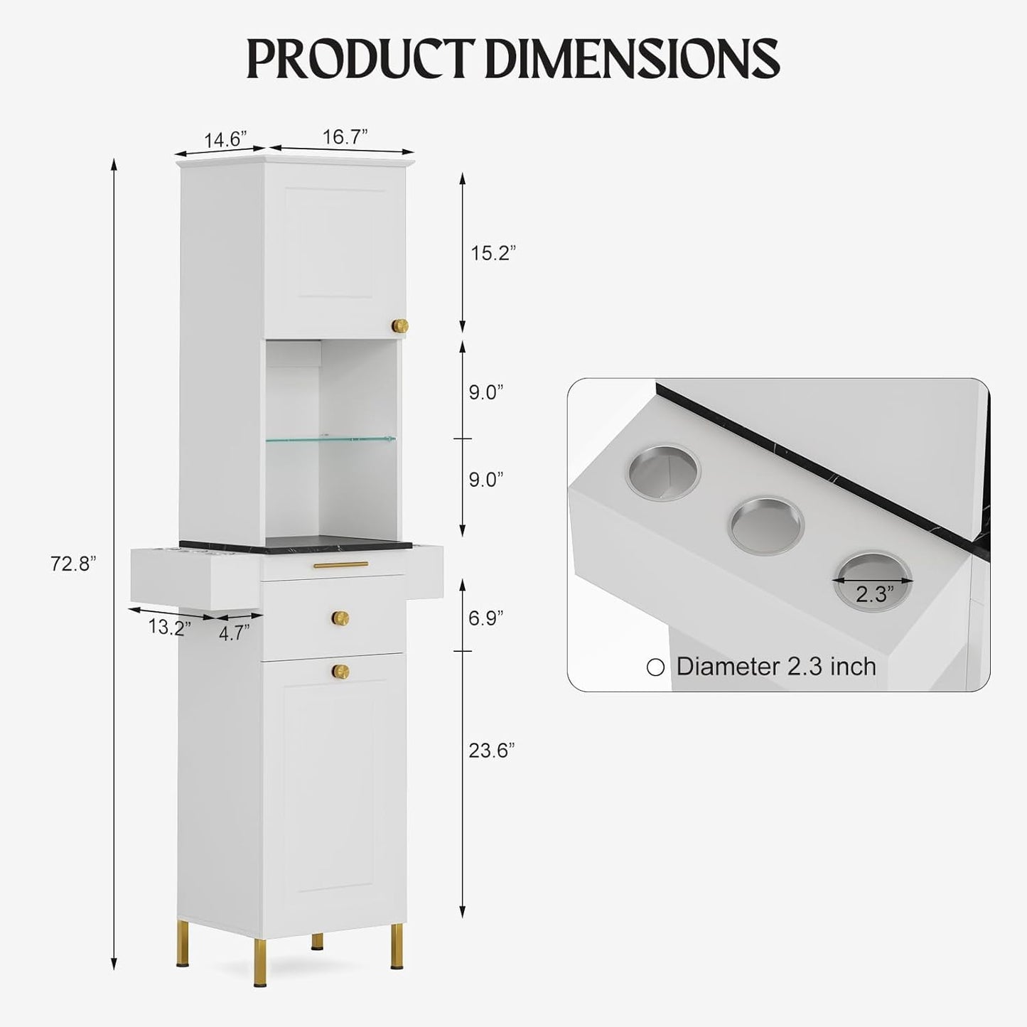 TTGIEET Salon Stations for Hair Stylist, Barber Station w/Glass Shelf & Golden Handles, Hair Salon Station Beauty Salon Spa Equipment w/6 Hair Dryer Holders, 2 Storage Cabinet & Drawers（White-New）
