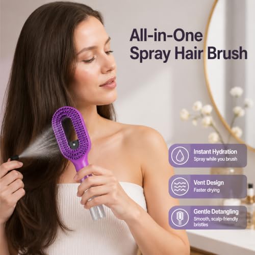 Akimomaty Hair Detangler Brush with Built-in Mist Sprayer, Purple