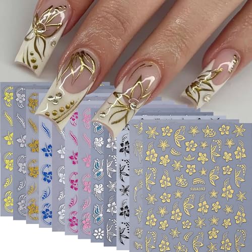 12PCS Hibiscus Flower Nail Stickers - 3D Self-Adhesive Nail Art Decals