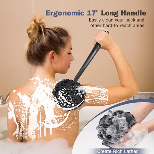 ROLIZOE 17-Inch Black Non-Slip Back Scrubber with Handle - Hand Shower Loofah & Loofah on a Stick Set
