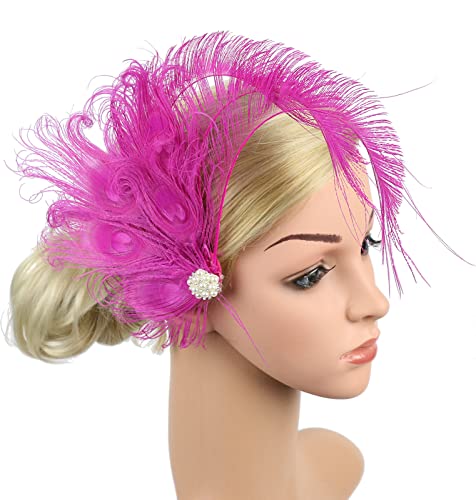 Z&X Handmade Peacock Feather Fascinator Hair Clip 015a- Rose Red