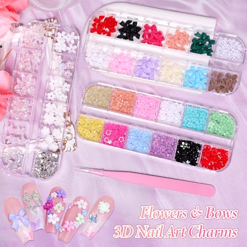 CESUSME 3 Boxes Bow Flower Nail Charms - 3D Color Flower & Bow Nail Art Decorations, S1