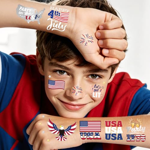 AOYOO 30ct USA Flag & Fireworks Temporary Tattoos for 4th of July Party