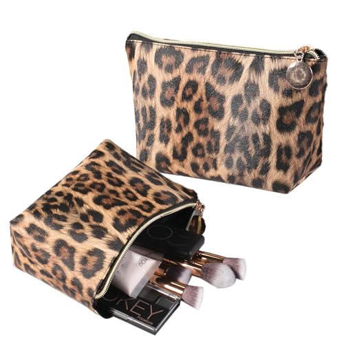 Brown Leopard Print Leather Cosmetic Bags Set - Travel Makeup Organizer for Women