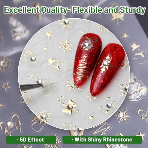 Pretty Diva Gold Christmas Nail Stickers 3D Xmas Nail Art with Rhinestones & Charms
