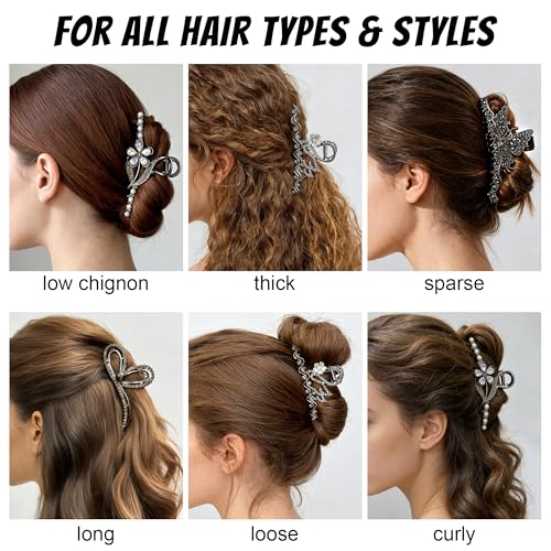 4 Pack Large Black Metal Hair Claw Clips for Women - Vintage Rhinestone Designs