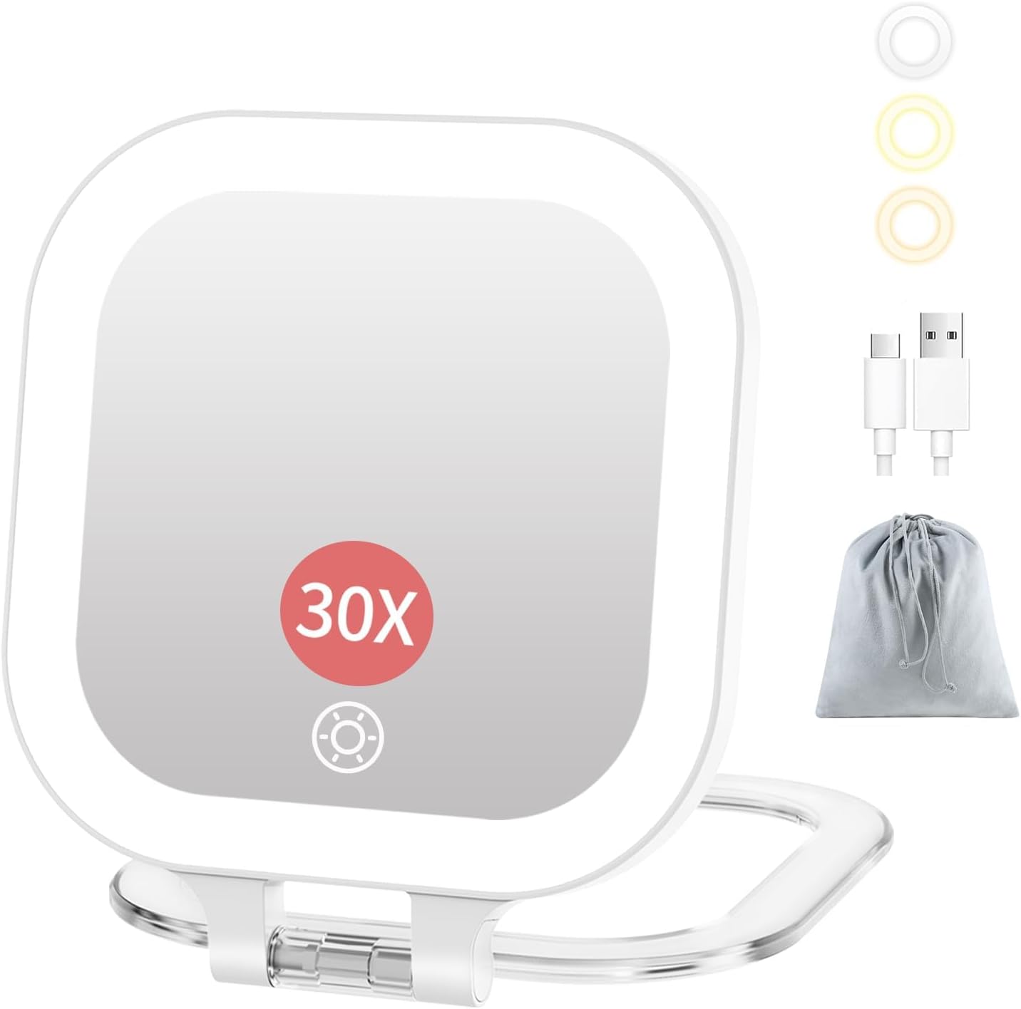 FUNTCH 7" Travel Makeup Mirror - 30X Magnification, Rechargeable Double-Sided Lighted Vanity Mirror with 3 Color Lights & Adjustable Brightness | 300° Rotation, Perfect Gift for Women, White