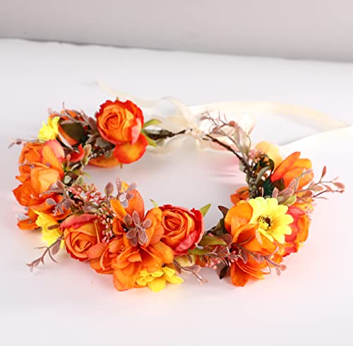 Orange Floral Crown Bridal Headband - Adjustable Boho Flower Wreath