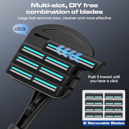 ZOMU Back Shavers for Men:Back Hair Shaver and Body Shavers for Men with Safety Blade Technology & Ergonomic DIY Long Handle, Wet or Dry Shaving - Blue (Replaceable 8PCS 3.5inch Blades Included)