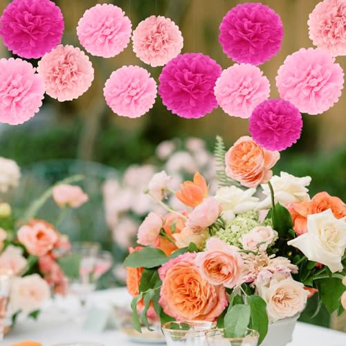 BestoFun 16Pcs Hot Pink Pom Poms for Party Decorations