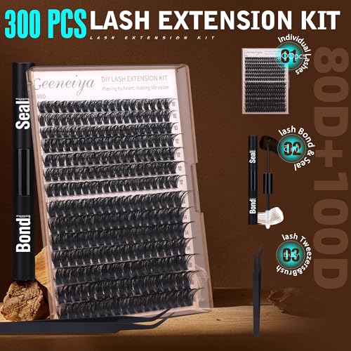 Geeneiya Volume Lash Clusters Kit DIY Lash Extension Kit D Curl Eyelash Extensions with Waterproof Lash Bond and Seal Waterproof Tweezers,10-16MM Cluster Lashes 300Pcs