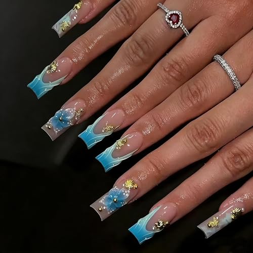 CTTHNBD Blue Flower French Tip Square Press On Nails with Shell Design - Reusable Summer Fake Nails for Women, 24 Pcs