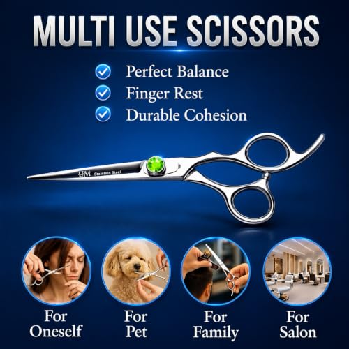 UM Supplies 6.5" Silver-Green Barber Scissors - Multi-Purpose Hair Shears